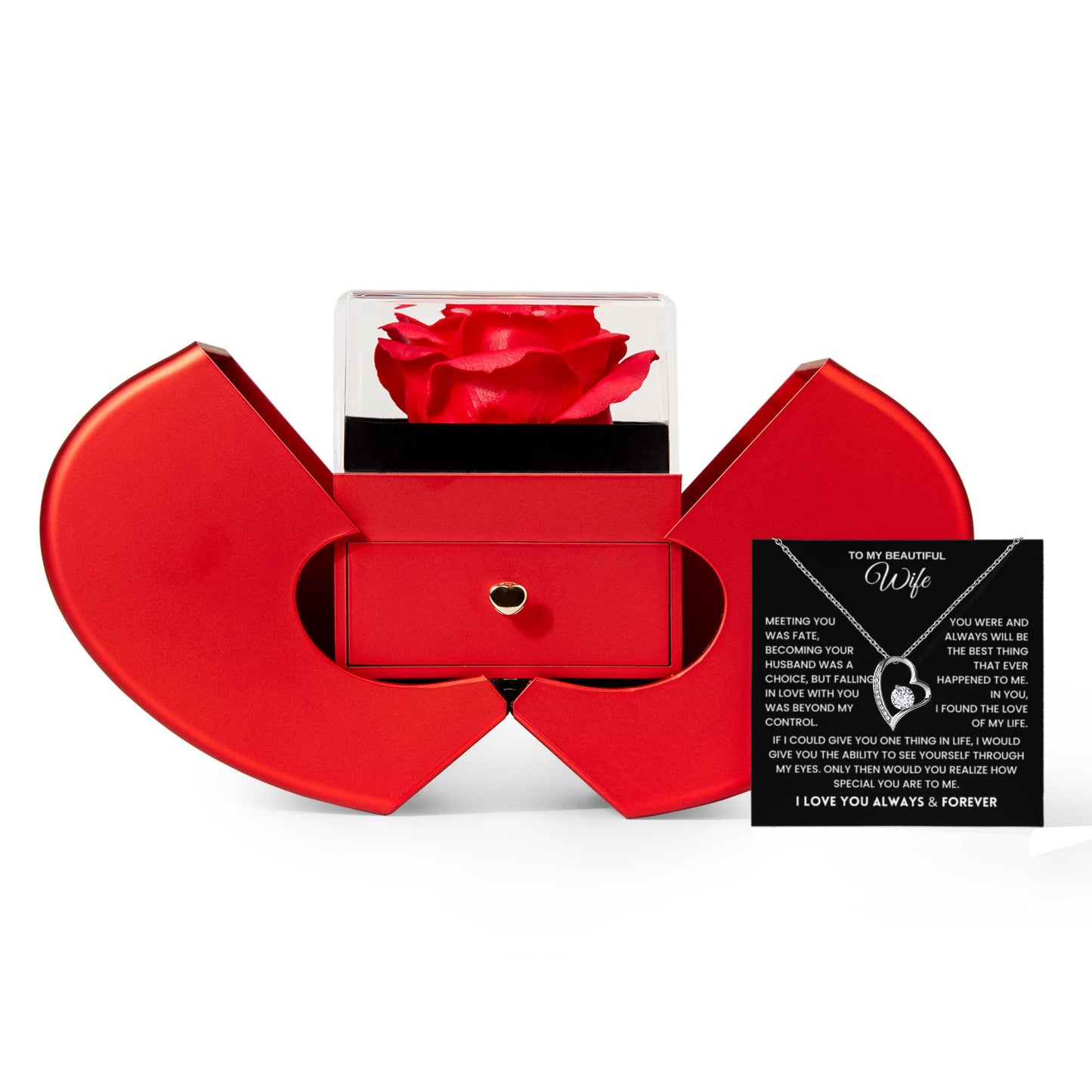 Wife Gift Red Heart Rose Box Necklace