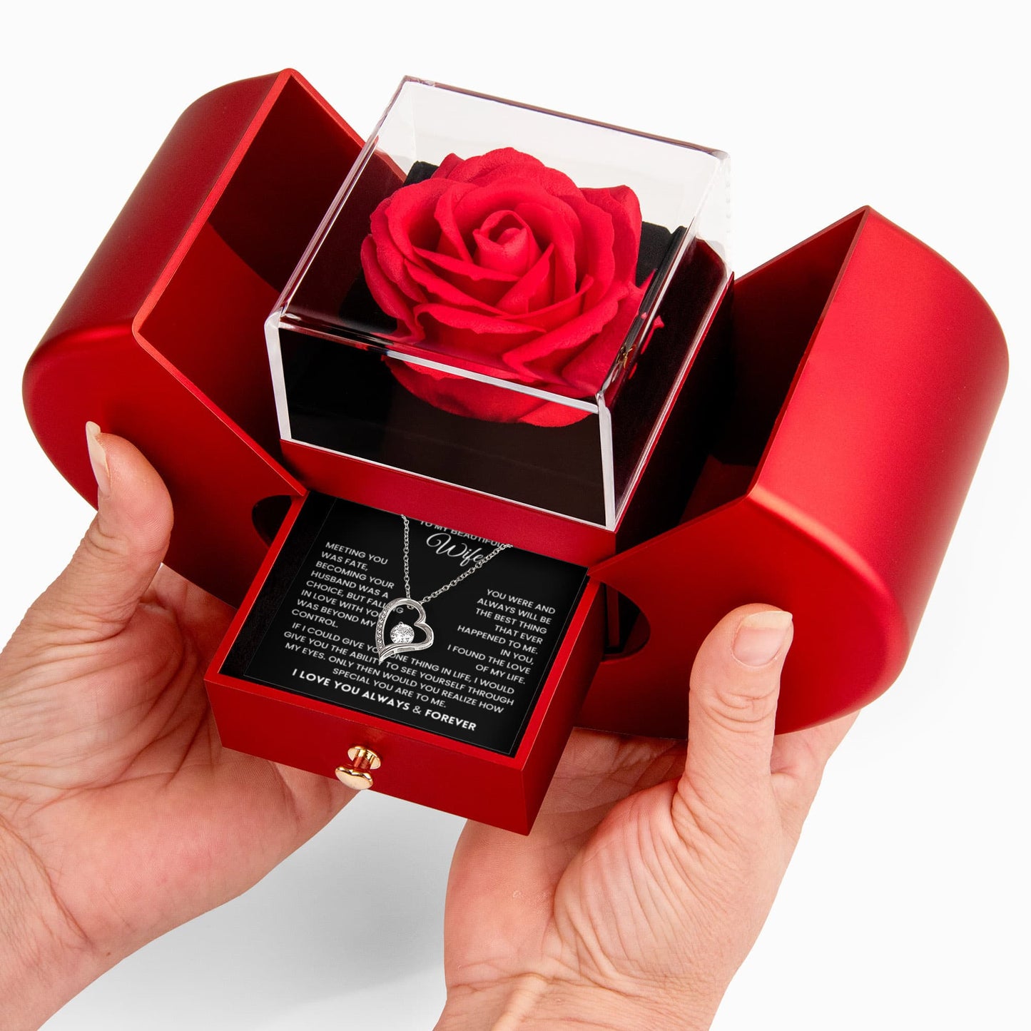 Wife Gift Red Heart Rose Box Necklace