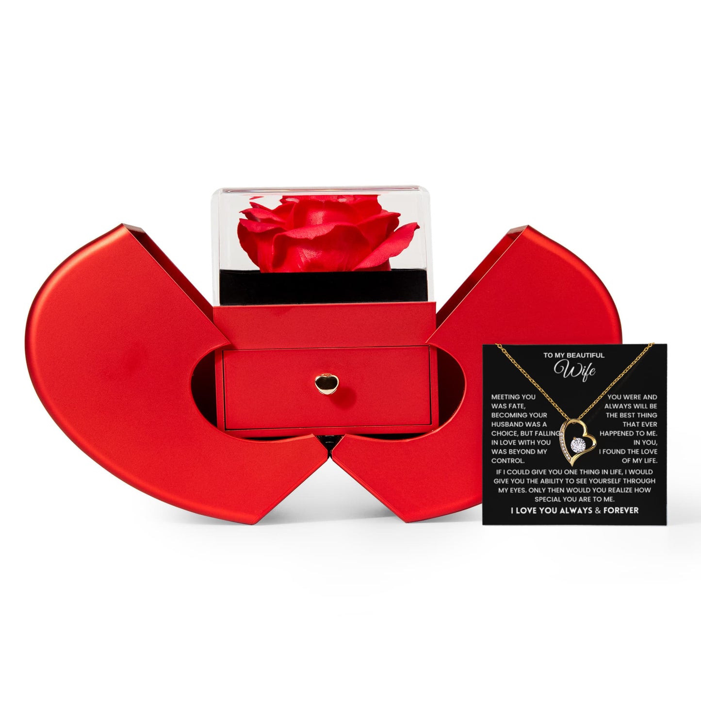 Wife Gift Red Heart Rose Box Necklace