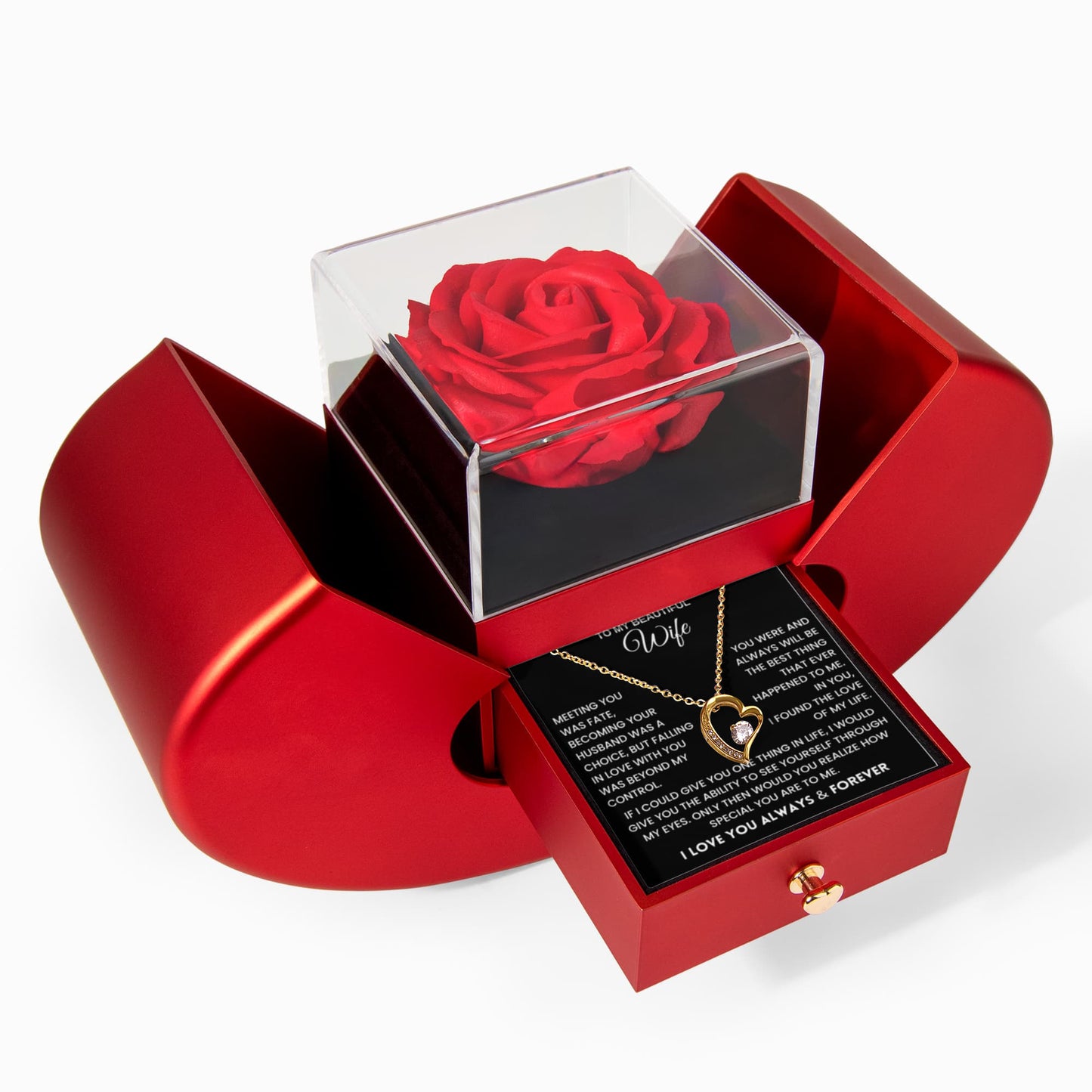 Wife Gift Red Heart Rose Box Necklace