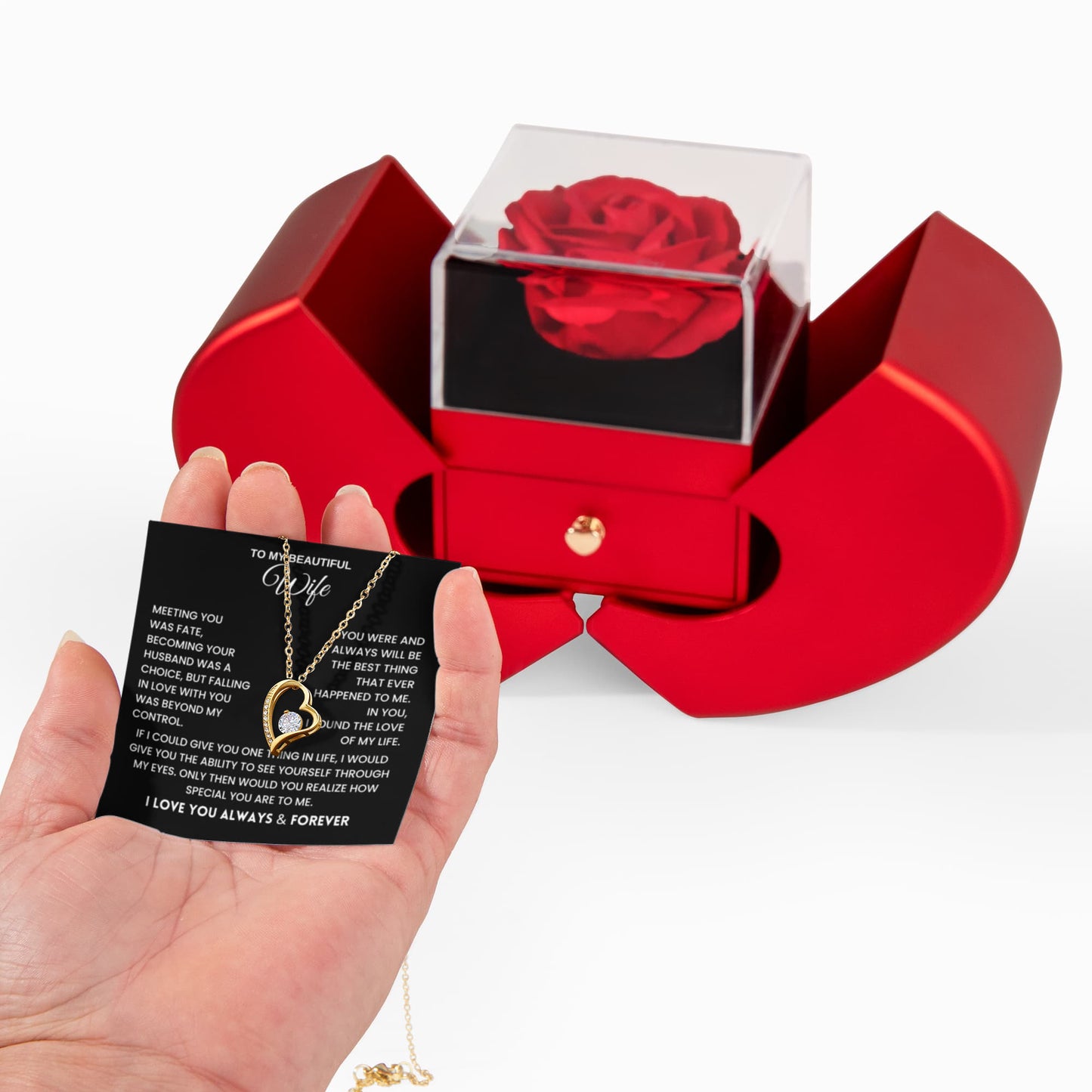 Wife Gift Red Heart Rose Box Necklace